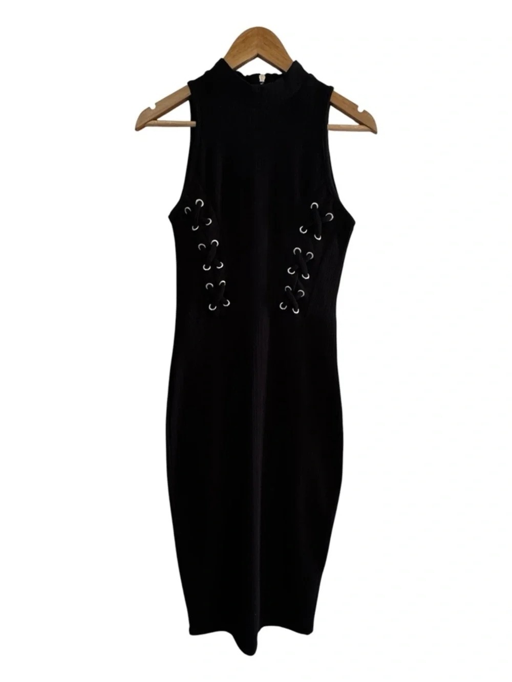 Black Ribbed Lace Up Bodycon Dress Edgy Minimal Night Out